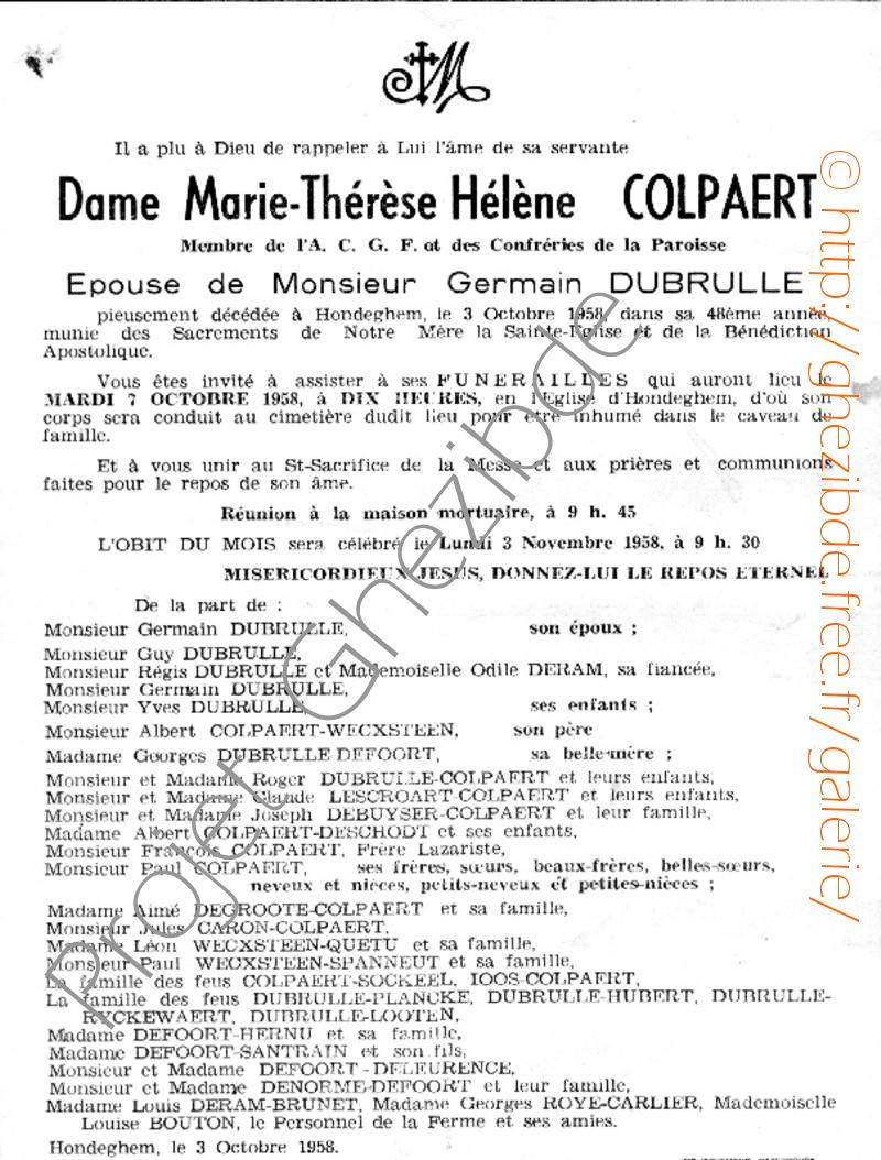 Marie Thérèse Hélène Colpaert épouse de Germain Dubrulle, décédée à Hondeghem, le 3 Octobre 1958 (47 ans)